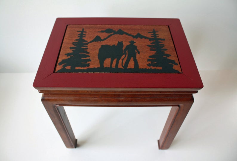 1 repurposed side table with hand painted horse scene