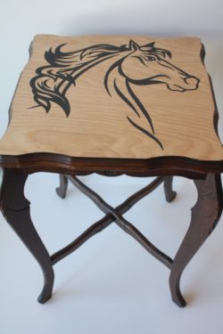 2 antique repurposed maple side table with hand painted horse head