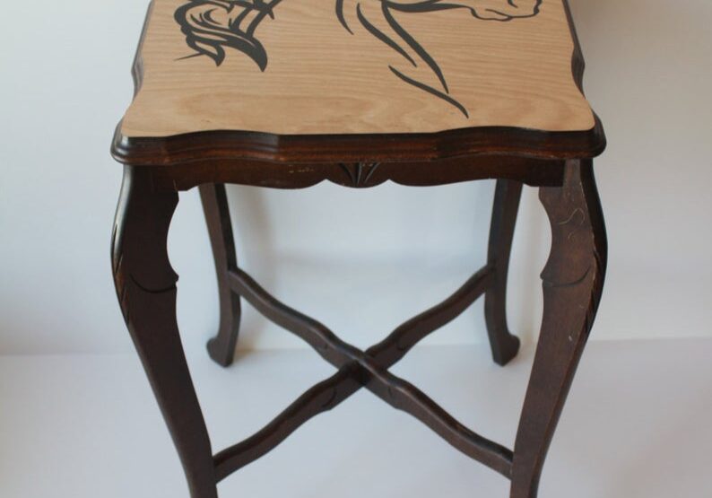 1 antique repurposed maple side table with hand painted horse head