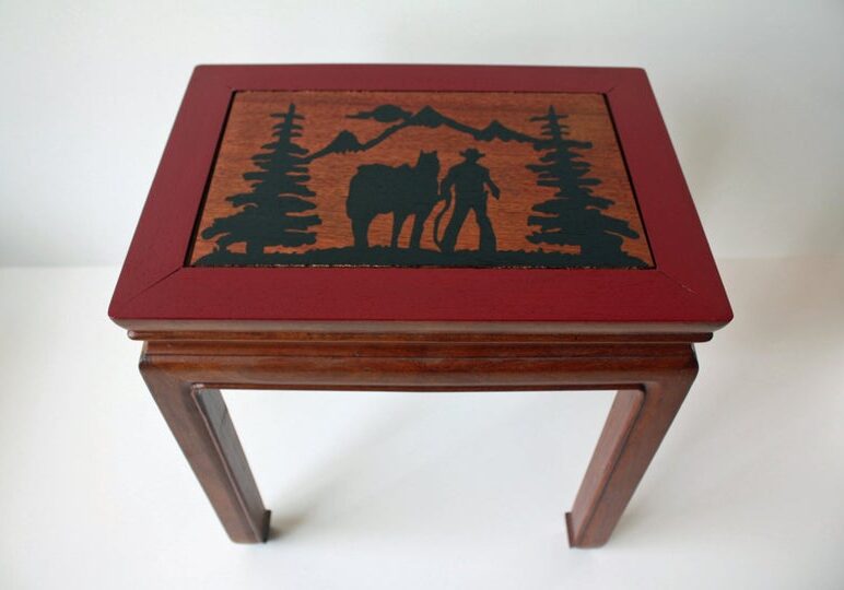 1 repurposed side table with hand painted horse scene